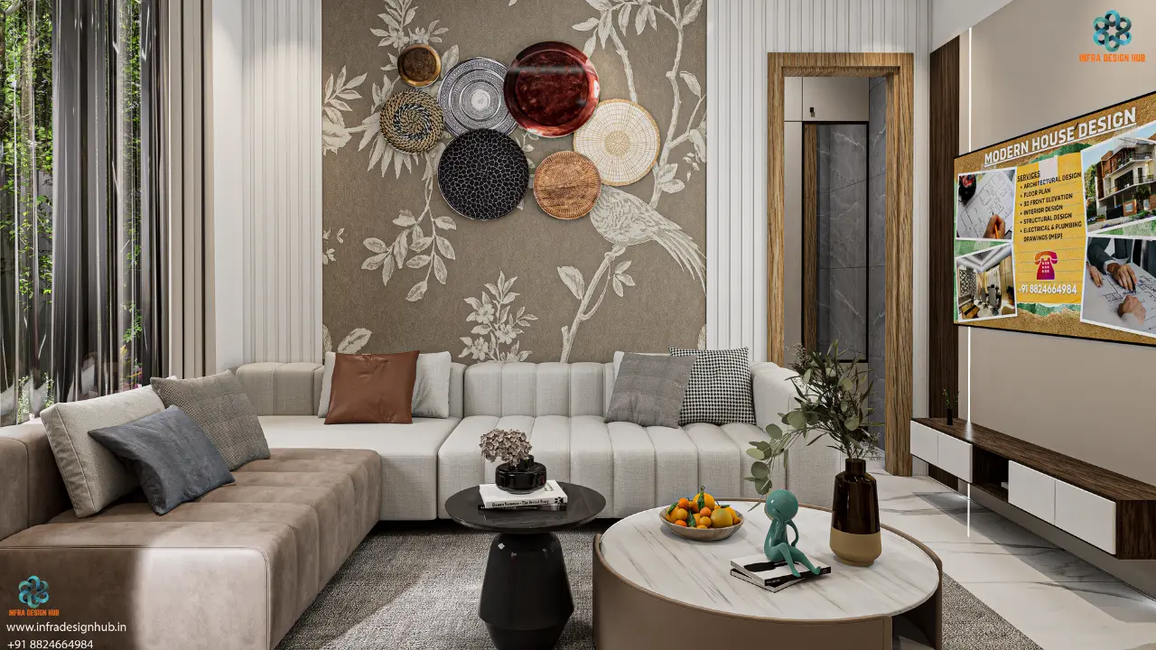 Living hall interior 3D design – modern layouts with furniture, ceiling & lighting details