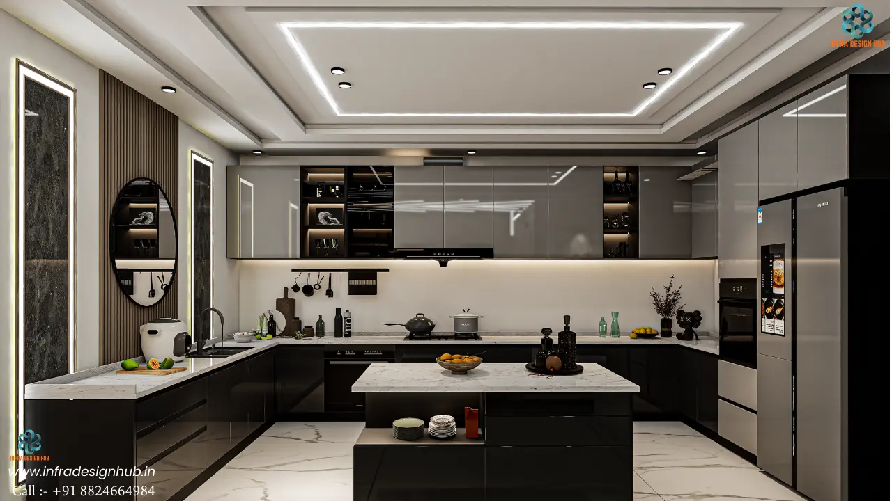 Modular kitchen interior design – modern layouts with cabinets, countertops & storage details