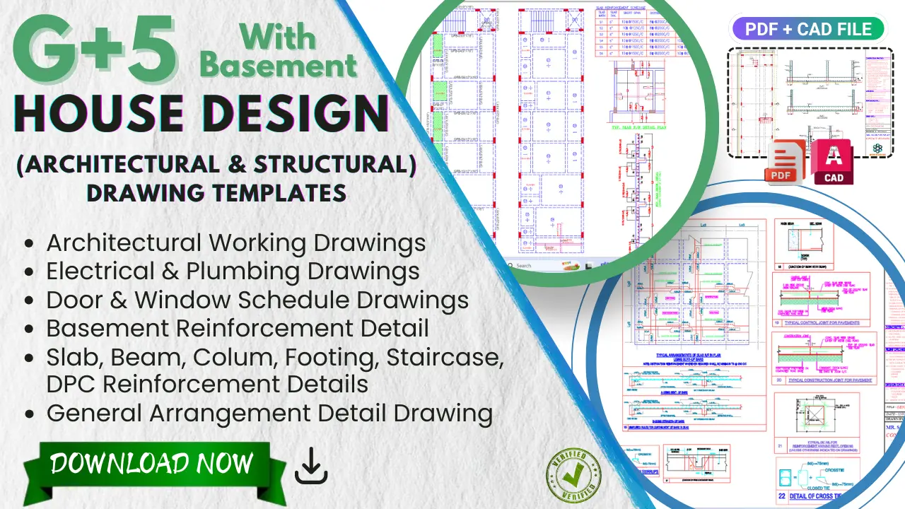G+5 with basement house working drawing templates including architectural, structural, plumbing & electrical details