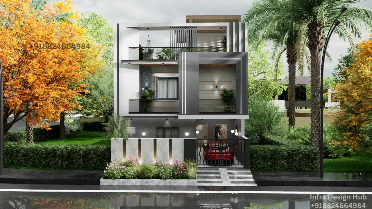 Modern 3D house front elevation design with contemporary façade and material details