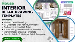 Interior detail drawing templates including living room, kitchen, and bedroom layouts