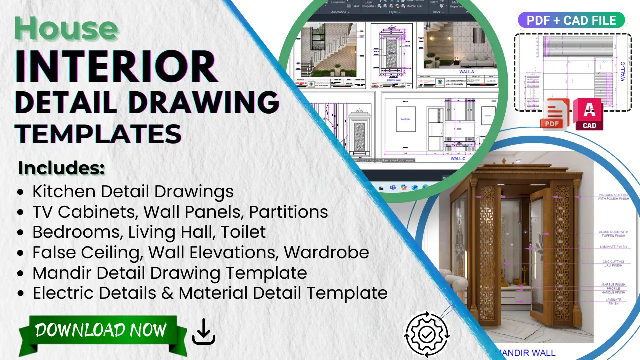 Interior detail drawing templates including living room, kitchen, and bedroom layouts