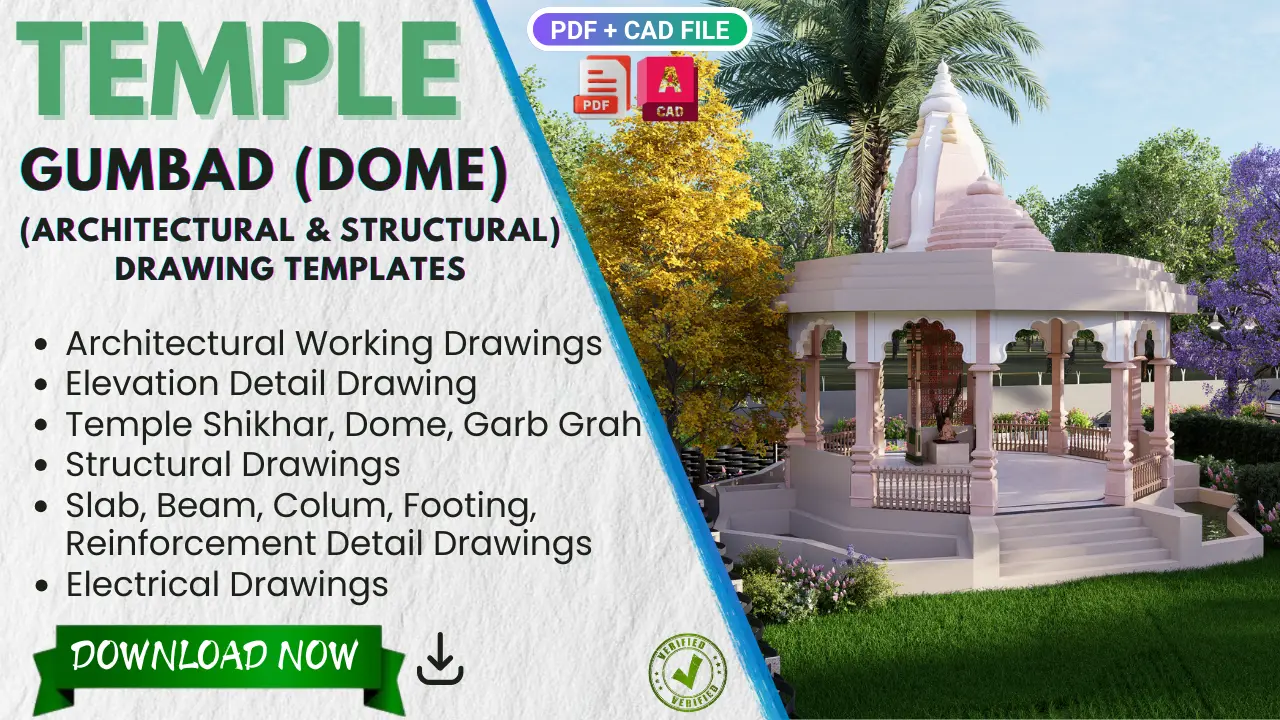 Temple detail drawing templates including plan, elevation, section and dome detailing
