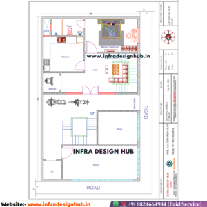 30x50 sqft floor plan with ground floor 1BHK house and front commercial shop layout