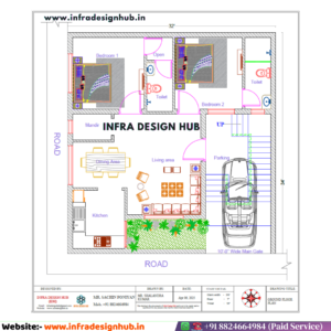 32x34 sqft floor plan with ground floor 2BHK house layout for compact residential plot