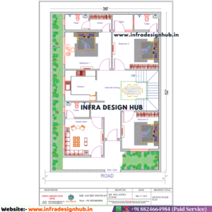 36x52 sqft floor plan with ground floor 4BHK house layout for large residential plot