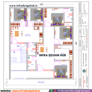 40x45 sqft floor plan with ground floor 5BHK house layout for residential plot