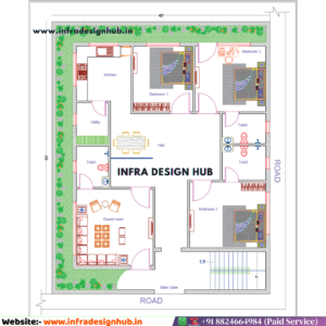 40x50 sqft floor plan with ground floor 4BHK house layout for residential plot