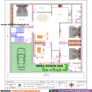 46x48 sqft floor plan with ground floor 4BHK house layout for residential plot
