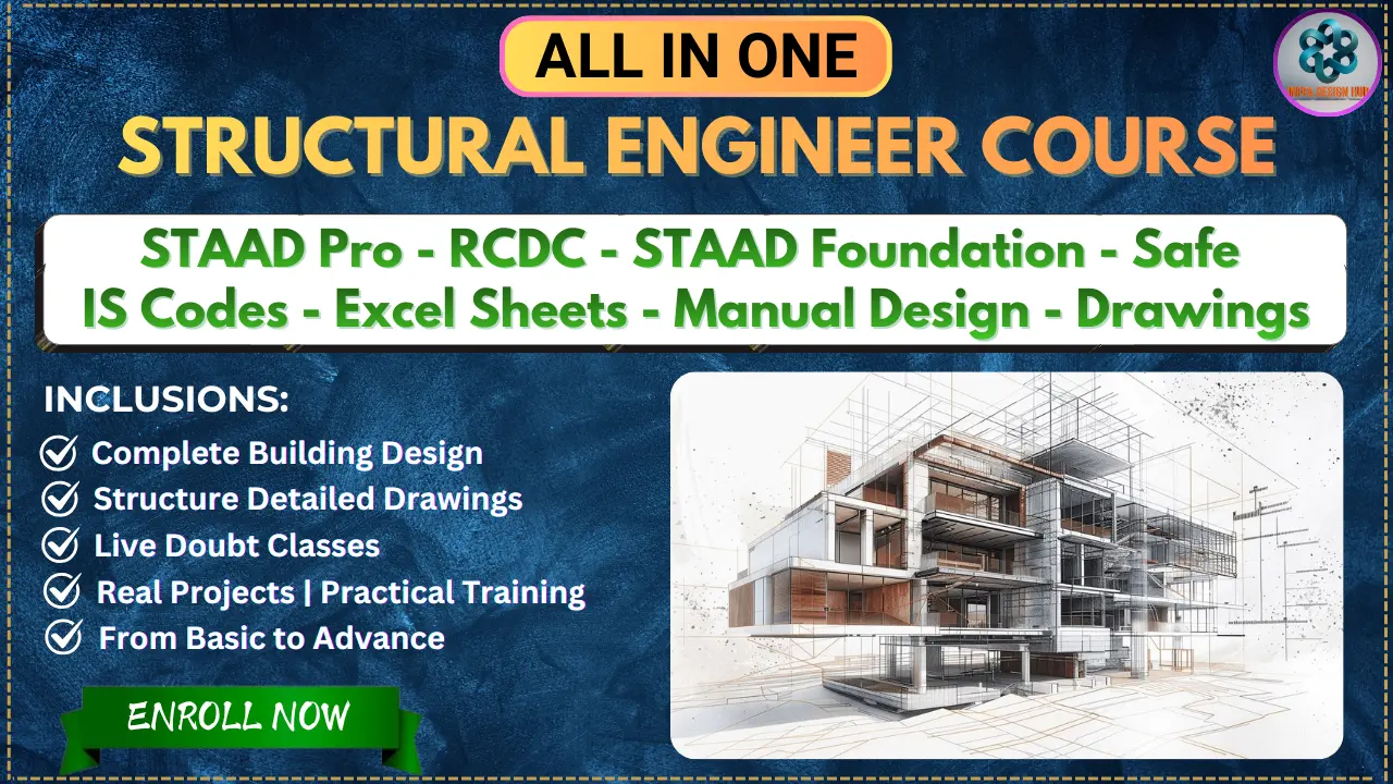 Structural design course covering STAAD Pro, SAFE, RCDC, IS Codes and working drawings