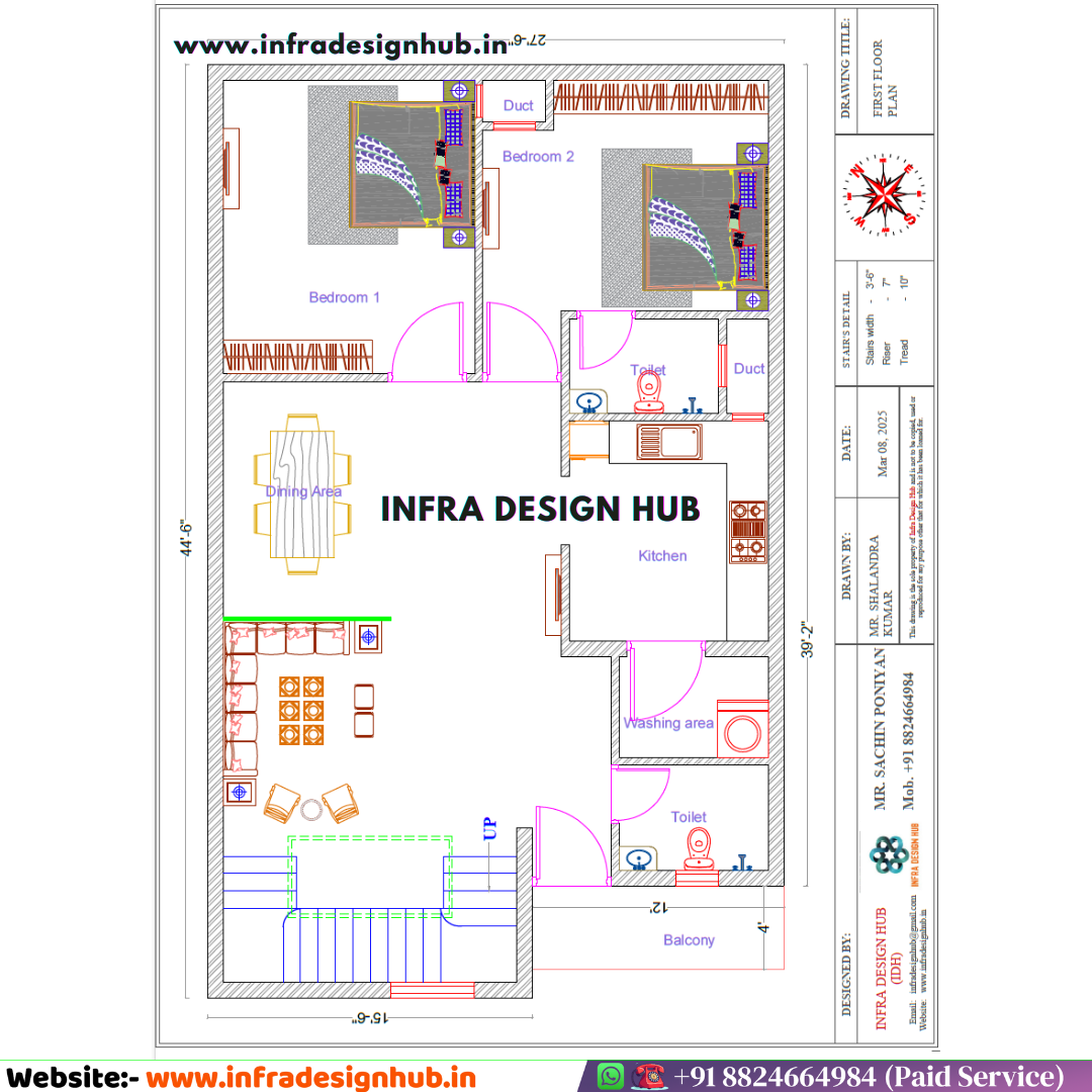 27.5x44.5 sqft residential house floor plan and elevation by Infra Design Hub
