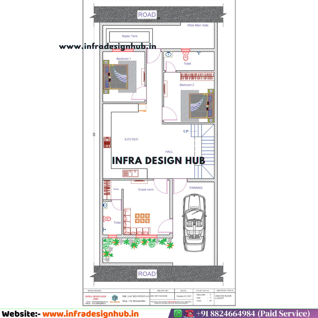 28x58 sqft house design floor plan with modern layout by Infra Design Hub