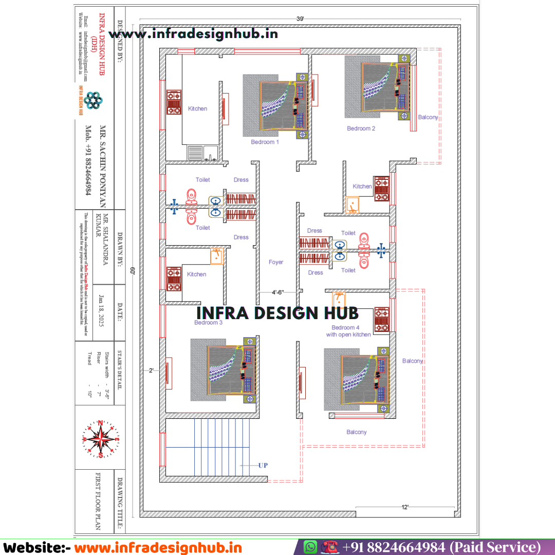39x60 sqft residential house floor plan and elevation design by Infra Design Hub