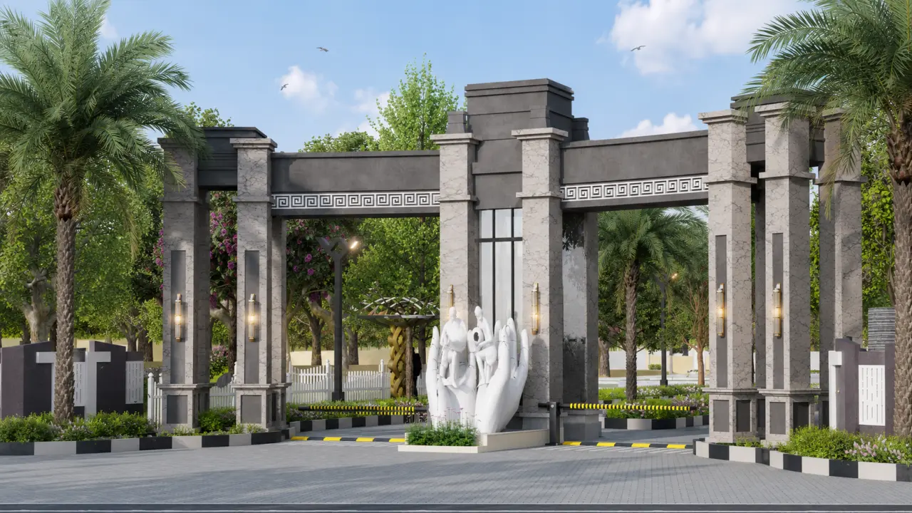 Modern township entrance gate designed by Infra Design Hub with professional architectural design services.