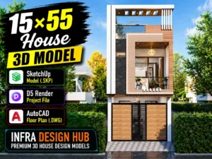 15x55 House 3D Model – Modern 825 Sq. Ft. House Design