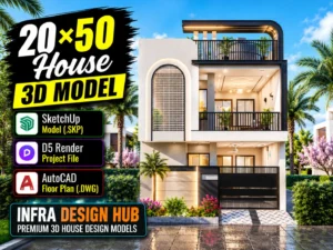 20x50 House 3D Model – Modern 1000 Sq. Ft. House Design