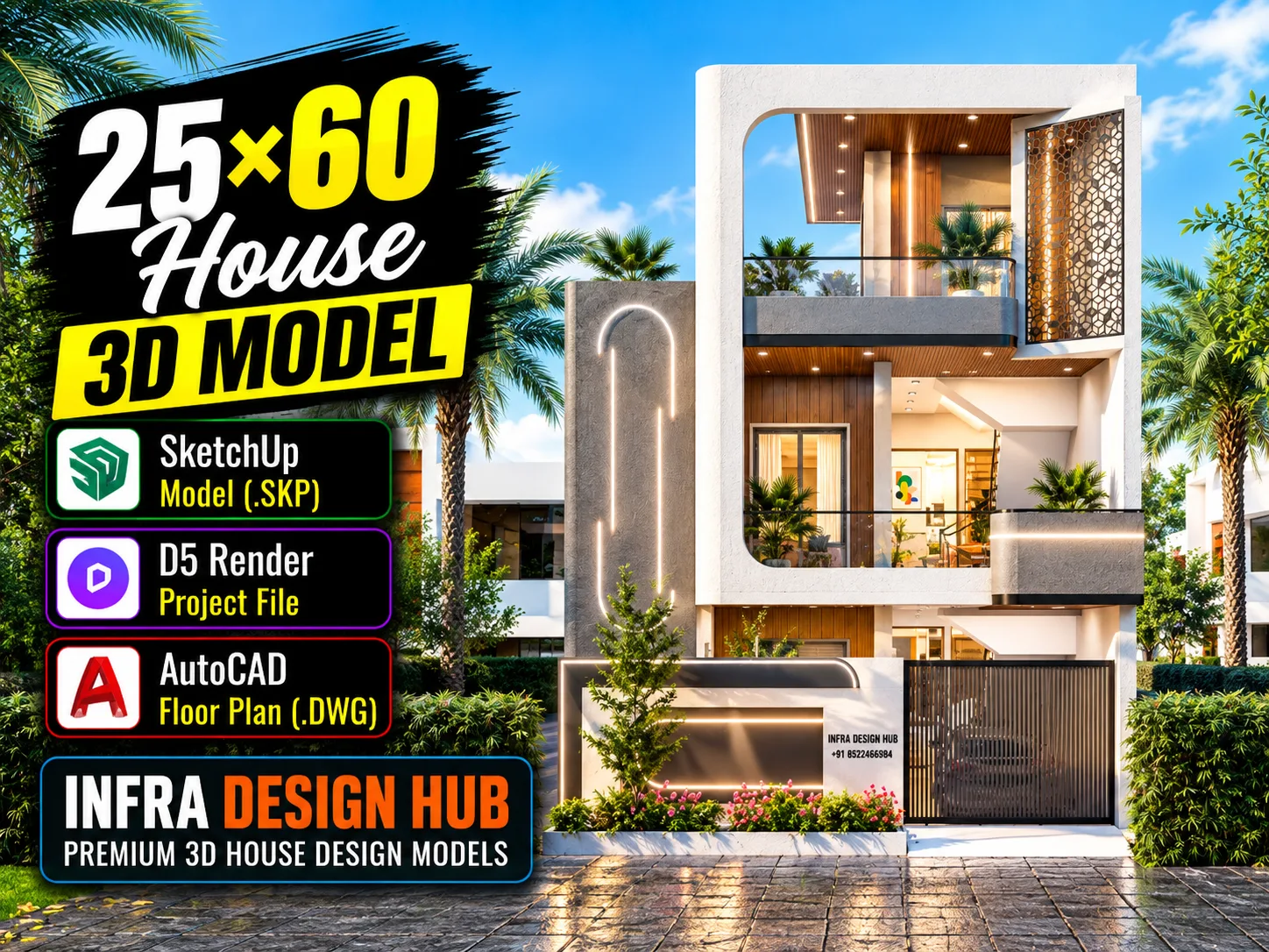 25x60 House 3D Model – Modern 1,500 Sq. Ft. House Design
