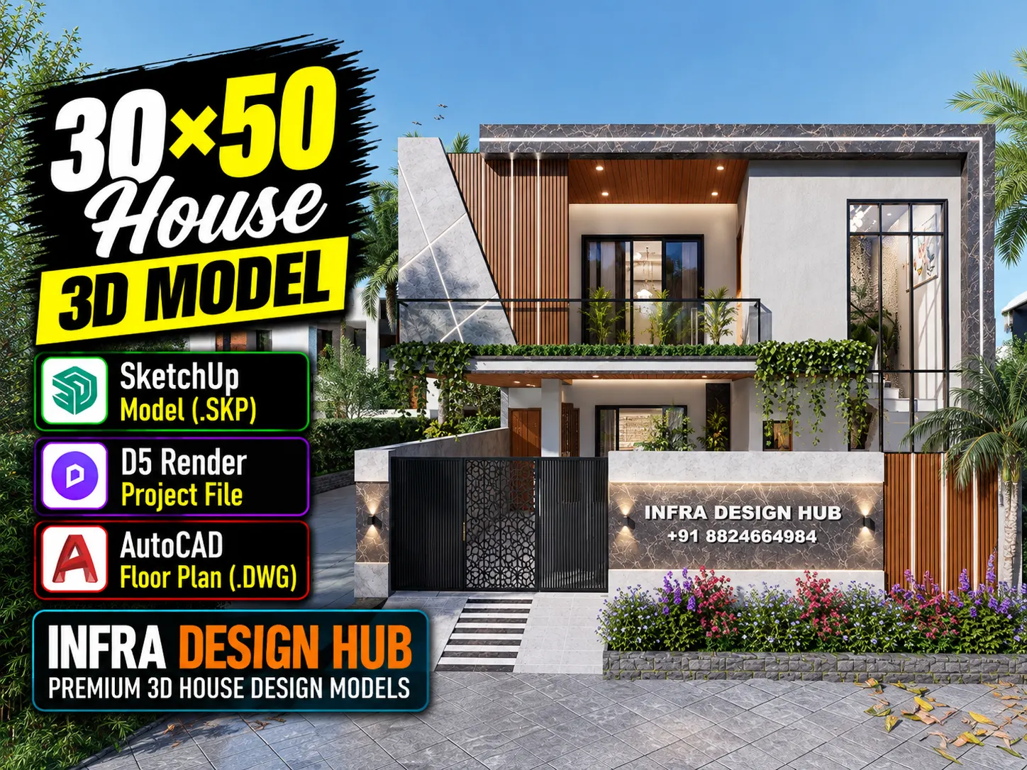 30x50 House 3D Model – Modern 1,500 Sq. Ft. House Design