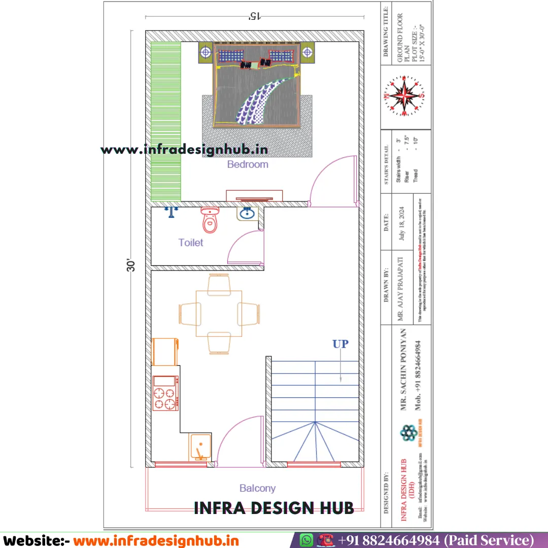 15x30 First Floor 1BHK house plan with balcony