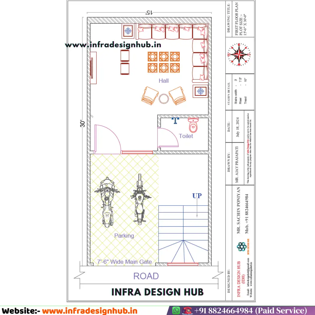 15x30 house plan with West Facing 1BHK includes parking
