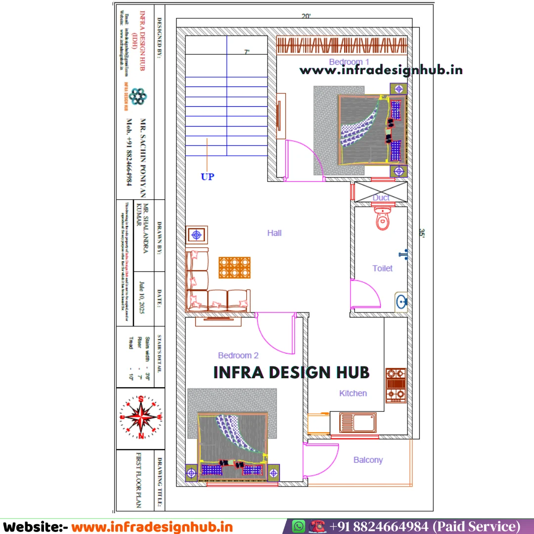 20x35 First Floor 2BHK house plan with kitchen and hall