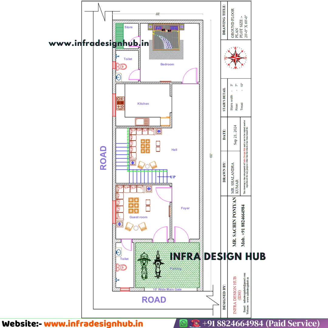 20x60 2BHK house plan with parking and guest room