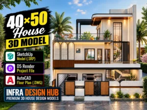 40x50 House 3D Model – 2,000 Sq. Ft. House Design